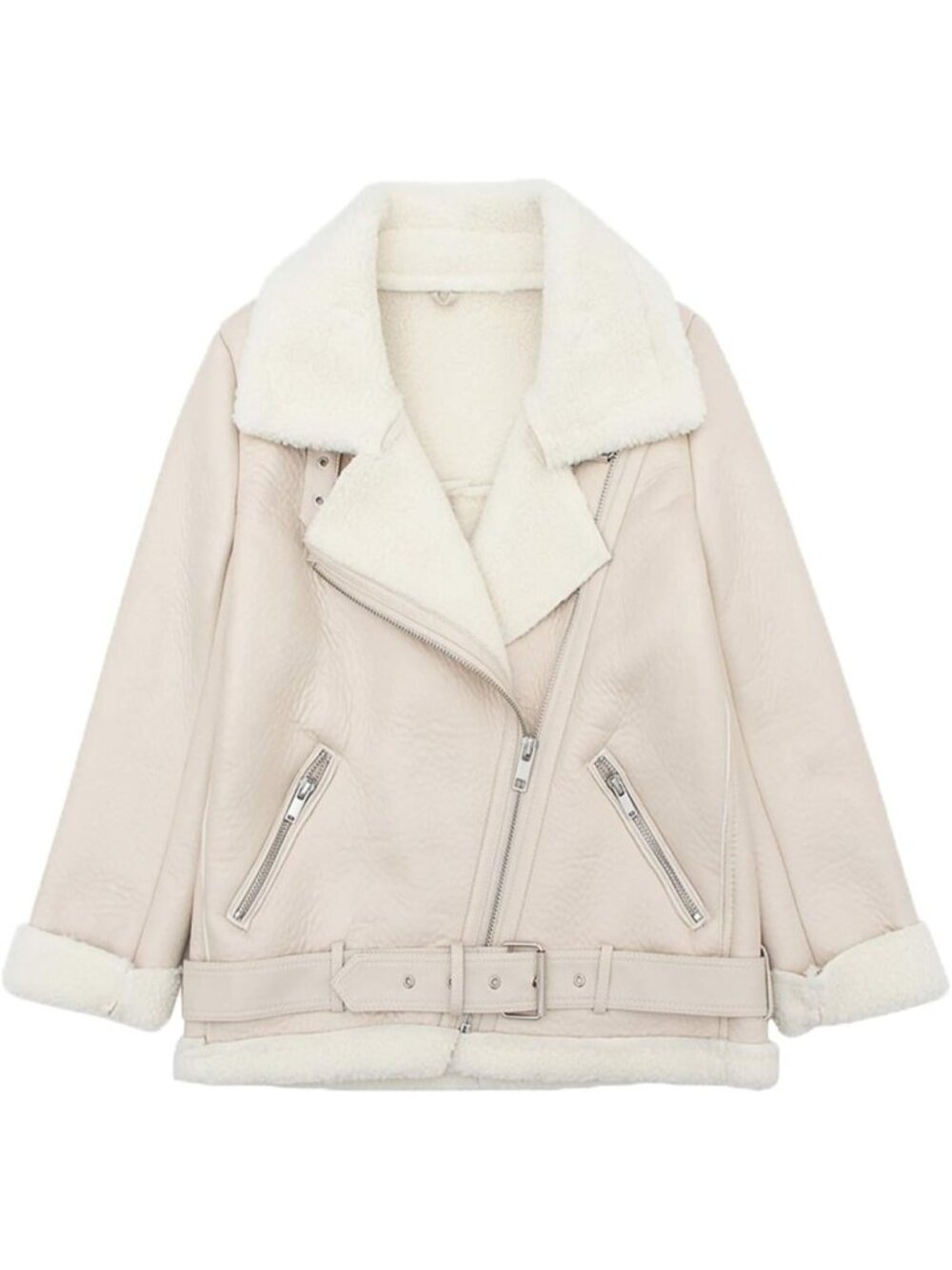 Women’s Faux Suede Shearling Moto Jacket Beige, Warm Lined Winter Leather Coat